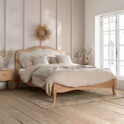 Happy Beds Alana Stone Fabric and Oak Wooden Bed