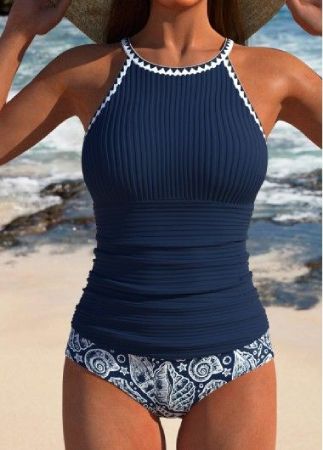 ROTITA Contrast Binding Navy Marine Life Print Tankini Set