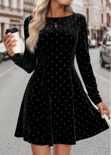 ROTITA Tummy Coverage Black Short Boat Neck Long Sleeve Dress