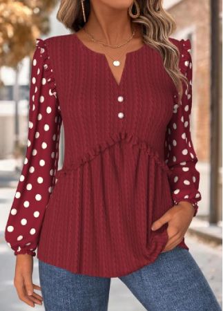 ROTITA Tummy Coverage Geometric Print Deep Red Split Neck Blouse